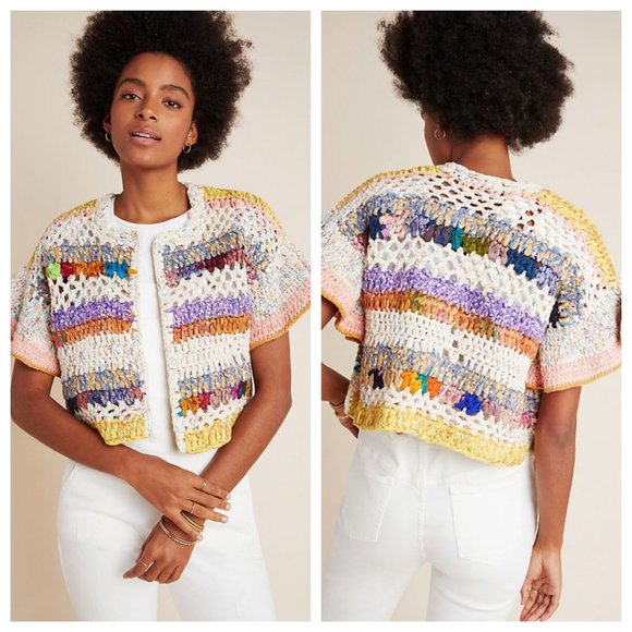 Anthropologie Mia Hand-Knit Cropped Cardigan NWT multi colored woven sweater Sm - Picture 4 of 12